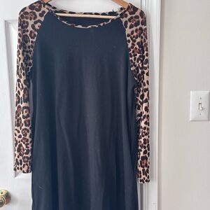 Leopard Print Sleeve Black Dress